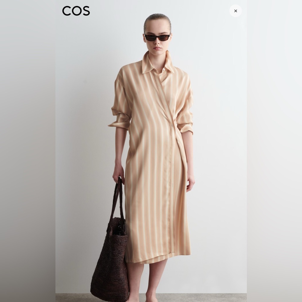 COS Beige Striped Long Sleeve Midi Shirt Dress